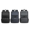 A sleek business laptop backpack in black, navy, and dark grey, featuring multiple pockets and a logo.
