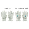 Three pairs of light grey leather work gloves displayed, featuring two different types of printing designs and a logo.