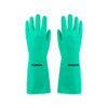 A pair of green reusable nitrile gloves with a logo on one side, designed for cleaning tasks.