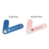 A blue and pink laptop extension arm with branding, featuring options for engraving and screen printing.