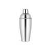 A stainless steel cocktail shaker with a polished silver finish and a threaded cap. It features a logo.