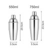 Two stainless steel cocktail shakers in silver colour, one 550ml and one 750ml, with measurements displayed.
