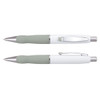 A metal pen with a white barrel and soft green grip, featuring a silver clip and accent.
