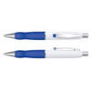 A metal pen with a white barrel and blue accents, featuring a clip and a logo.