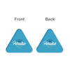 A triangular clear acrylic coaster in bright blue featuring a logo on one side.