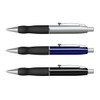 A set of three metal pens in silver, blue, and black with rubber grips and metal accents. Each pen has a logo.