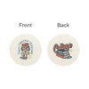 A round absorbent paper coaster featuring playful illustrations and text in colours of cream, blue, and orange.