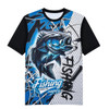 A vibrant blue and black fishing T-shirt featuring a fish graphic and mesh design, complete with a logo.