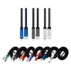 A collection of six braided charging cables in various colours with USB connections, including branding on some cables.