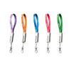A set of five lanyards in purple, orange, blue, pink, and red, each featuring a clip and a branding logo.