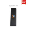 A black box with a logo, displaying a digital UV print, featuring an elegant design.