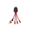 A light up charging cable with a USB connector and three vibrant red micro connectors, all housed in a black case with a logo.