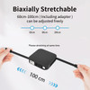 A black 4-in-1 retractable charging cable featuring a phone stand, adjustable from 60cm to 100cm, with a compact design.
