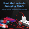 A retractable charging cable in red with multiple connectors for Micro USB, Lightning, and Type C devices.