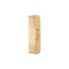 A fine-tooth bamboo comb in a natural finish with a logo on one side. The comb features evenly spaced teeth.