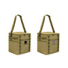 A foldable insulated cooler bag in olive green with adjustable straps and two different logos on each side.
