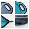 A soft neoprene lunch bag in shades of blue, featuring handles, a zip closure, and a patterned exterior with a logo.