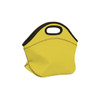 A yellow neoprene lunch bag with a black trim and a handle. It has a smooth, stitched exterior and no visible logos.
