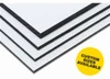 Aluminium composite panels in white with black edges, displayed in various sizes. A logo is visible in the corner.