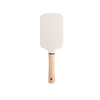 A paddle brush with a white head and a light wooden handle, featuring a circular hole at the base.
