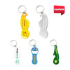 A drink bottle opener keyring set featuring custom shapes in yellow, silver, and green. Includes a branding logo.