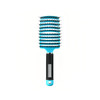 A blue detangler bristle hairbrush featuring a textured black handle and a logo on the side.