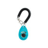 A teal pet training clicker attached to a black coiled lanyard with a clip for convenience.