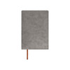 A grey PU leather notebook with a brown elastic band at the side, featuring a smooth texture and a branded logo.