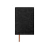 A PU leather notebook in black with a brown ribbon bookmark and a subtle textured finish. It features a logo on the cover.