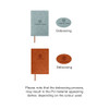 A soft PU leather notebook in orange with a logo, alongside a debossed sample in a light blue variant.