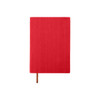A red PU leather notebook with a textured surface and a wooden bookmark. It features branding on the cover.
