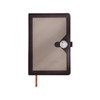 A brown and tan notebook with a magnetic buckle closure and a simple design. It features a ribbon marker and a logo.