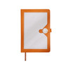 An orange notebook with a magnetic buckle closure and a blank front cover. It features a ribbon bookmark.