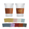 A drink bottle featuring clear glasses with brown leather cup sleeves and a variety of colourful fabric sleeves.