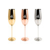 Three stainless steel champagne flutes in gold, rose gold, and silver, each with a logo on the front.