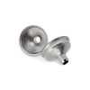 A stainless steel mini funnel with a shiny surface, featuring a small opening and a logo.