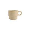 A stackable ceramic mug in a beige colour with a rounded base and a handle, featuring a branding logo.