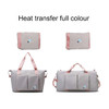 A foldable sports duffle bag in grey with pink accents and a logo, shown in two configurations.