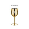 A stainless steel wine goblet in a gold finish, featuring a stem and a logo.