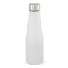 A drink bottle in white with a stainless steel lid and a sleek, modern design. It features a logo.