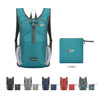 A large packable camping backpack in teal with grey accents, shown both unfolded and folded into a compact square.