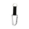A silver carabiner keychain with a black fabric strap and a metal ring attached.