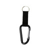 A black carabiner keychain with a metal clip and a fabric strap, featuring a key ring attachment.