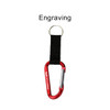 A red carabiner keychain with a black strap, featuring a logo and a keyring attachment.