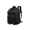 A black tactical backpack featuring multiple compartments, straps, and a logo.