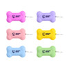 A collection of silicone bone-shaped dog poop bag dispensers in pink, purple, yellow, blue, and green, each with a logo.