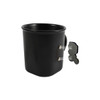 A black ceramic coffee mug with a sleek design and two magnetic attachments on the side. It features a logo.