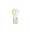 A mini portable handheld fan in a soft beige colour with a circular grille and an ergonomic handle.