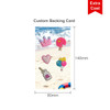 A backing card featuring various colourful illustrations, including a crown, heart, ice cream, balloons, and a drink bottle.