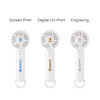 A portable handheld fan in white, featuring three design options with branding, including screen print, UV print, and engraving.